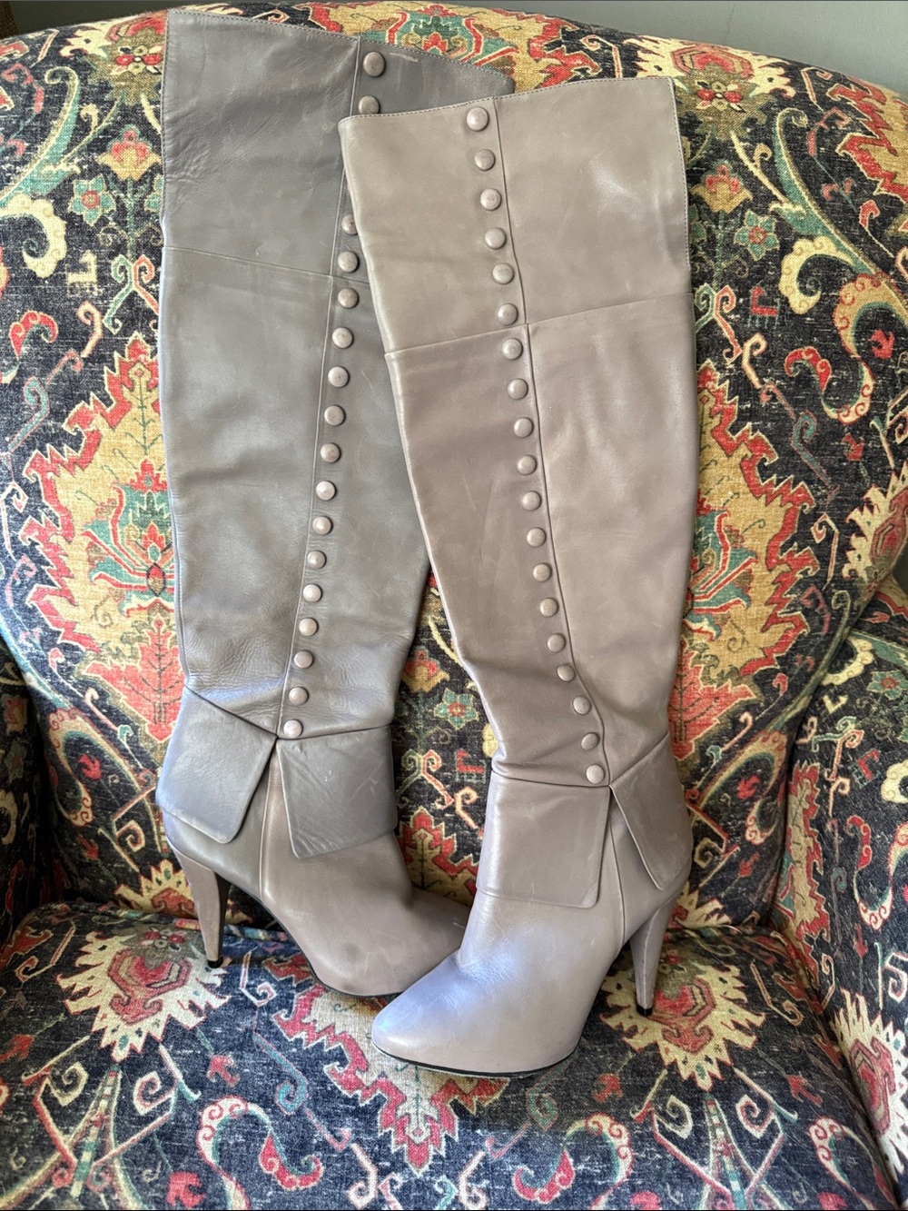 Pour La Victoire Taupe Button-Trim Over-the-Knee Leather Boots